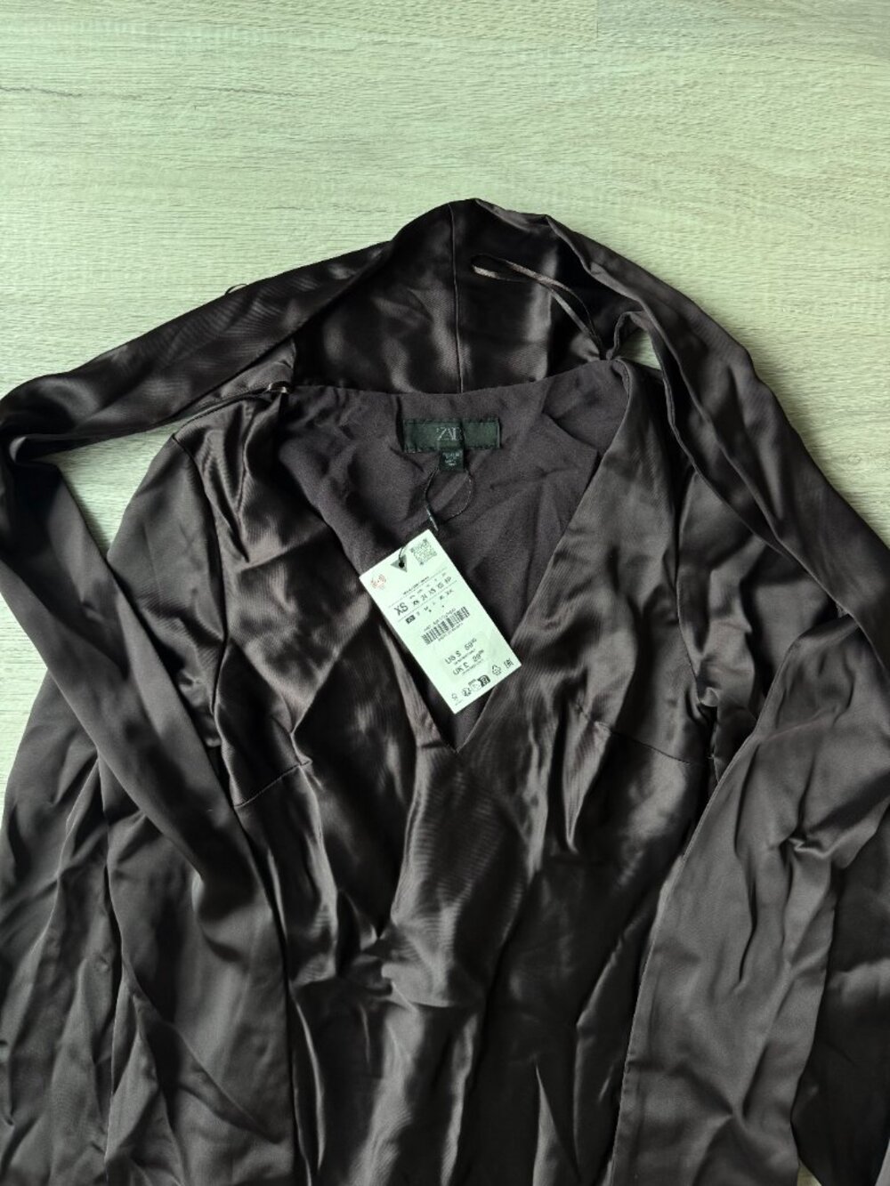 ZARA Satin Scarf Mini Dress VNeck Long Sleeve | Chocolate Brown | NWT | XS,S,M,L - Picture 12 of 15